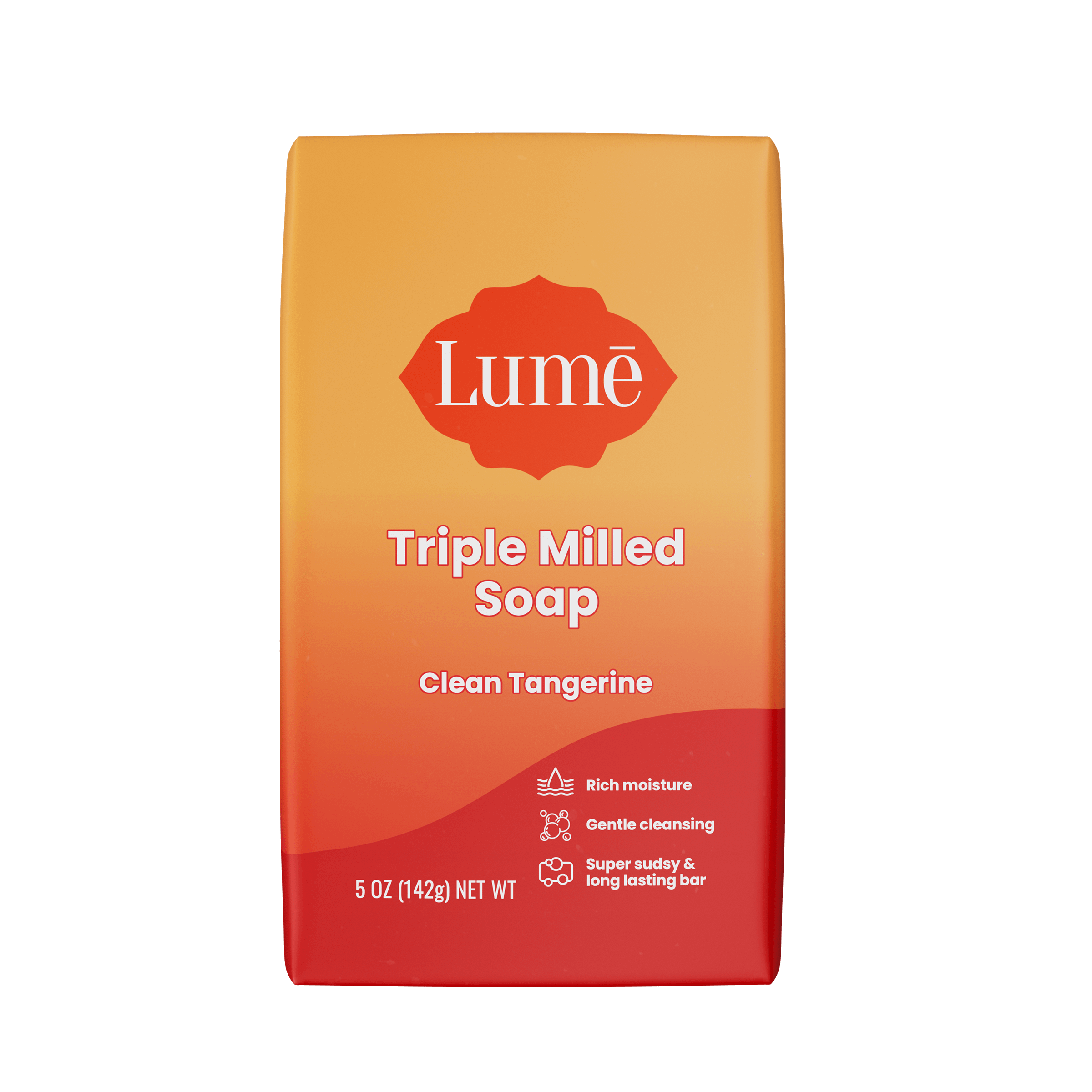 Orange and red Lume clean tangerine soap bar against a white background