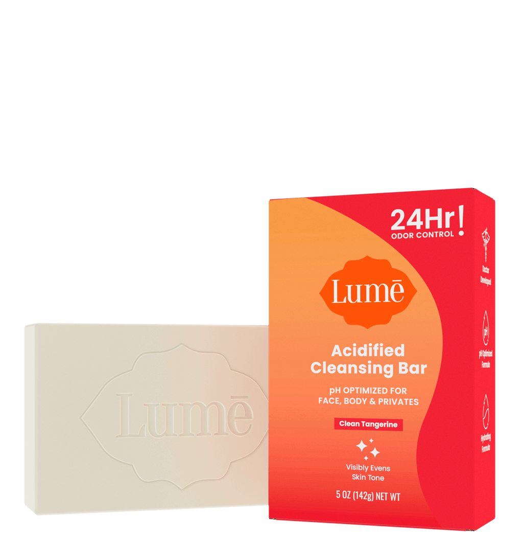Lume cleansing bar. The packaging says "PH optimized for face, body, and privates. Visibly evens skin tone."