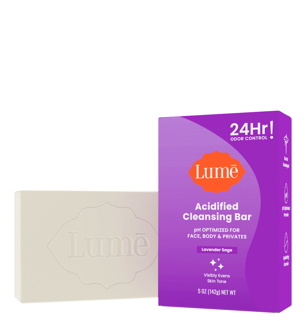 Lume cleansing bar. The packaging says "PH optimized for face, body, and privates. Visibly evens skin tone."