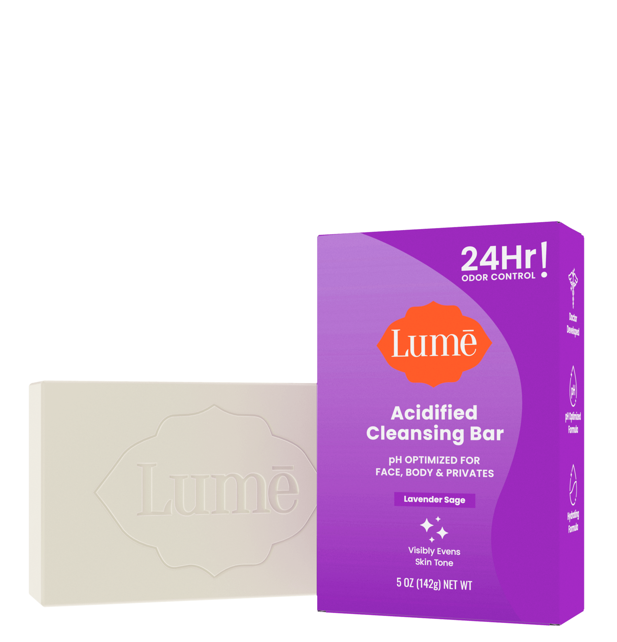 Lume cleansing bar. The packaging says "PH optimized for face, body, and privates. Visibly evens skin tone."