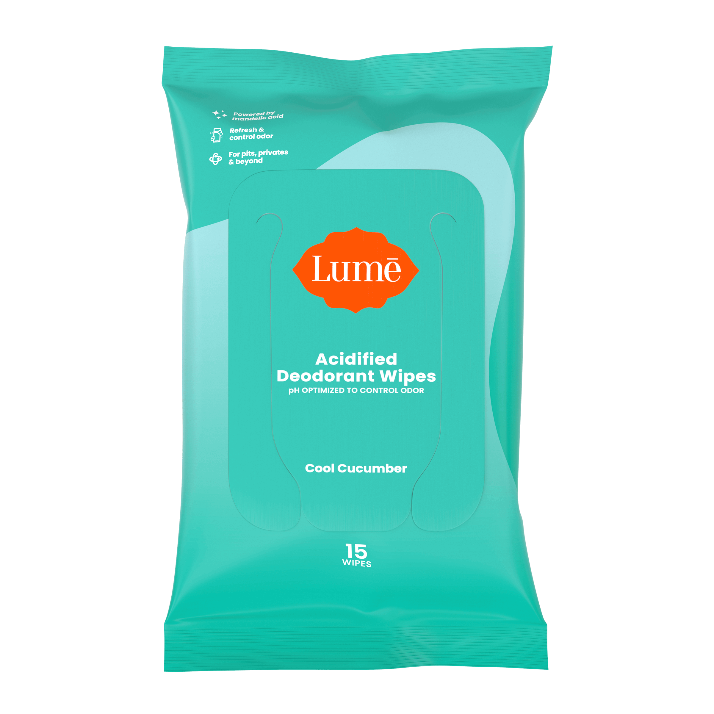 Aqua-green pack of 15 count Lume cool cucumber deodorant wipes against a white background