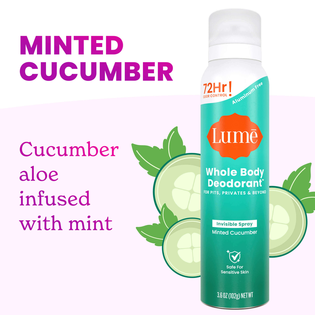 Can of Minted Cucumber Aluminum Free Spray Deodorant and the text: Minted Cucumber. Cucumber aloe infused with mint