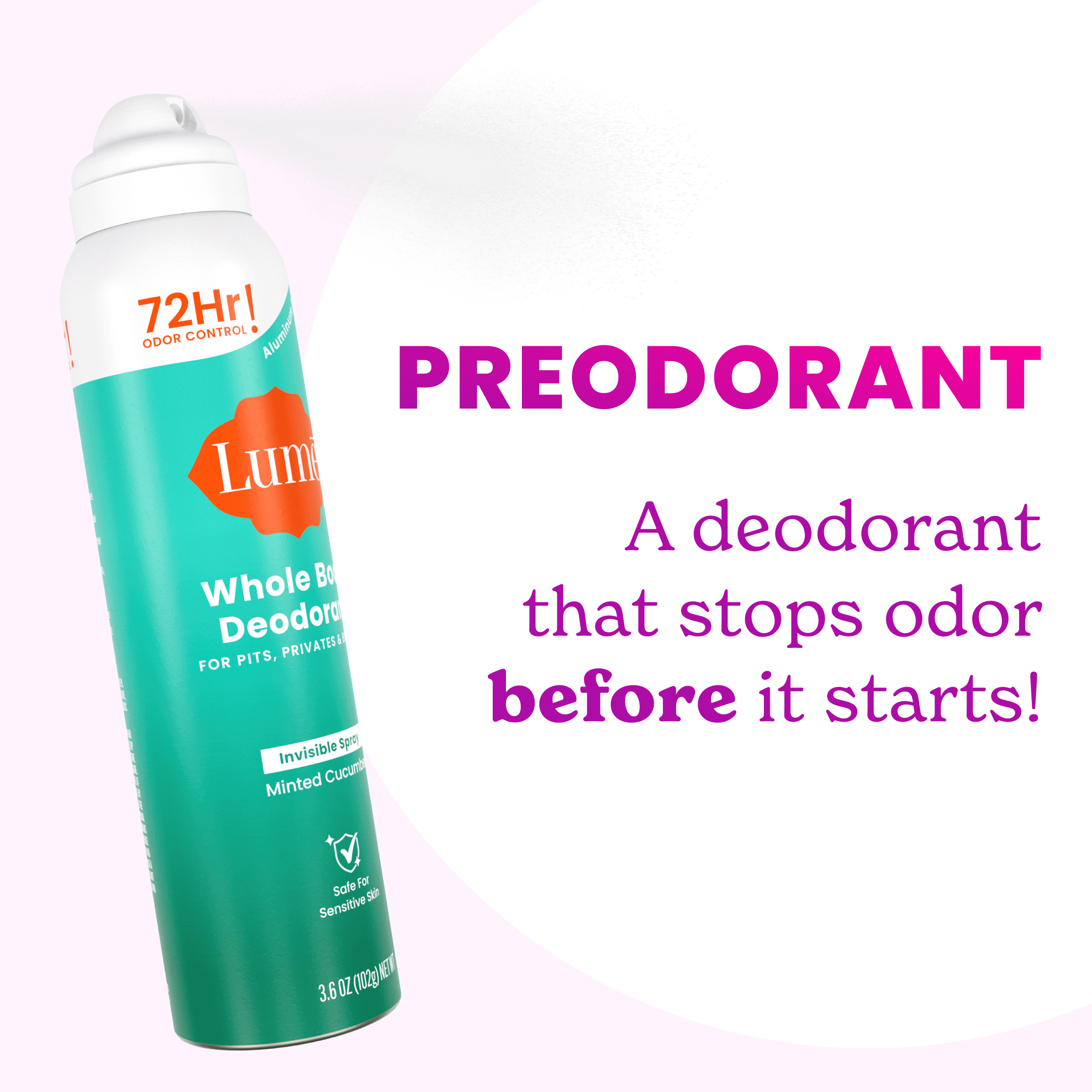 The text Preodorant, a deodorant that stops odor before it starts! Next to a can of Minted Cucumber Aluminum Free Spray Deodorant