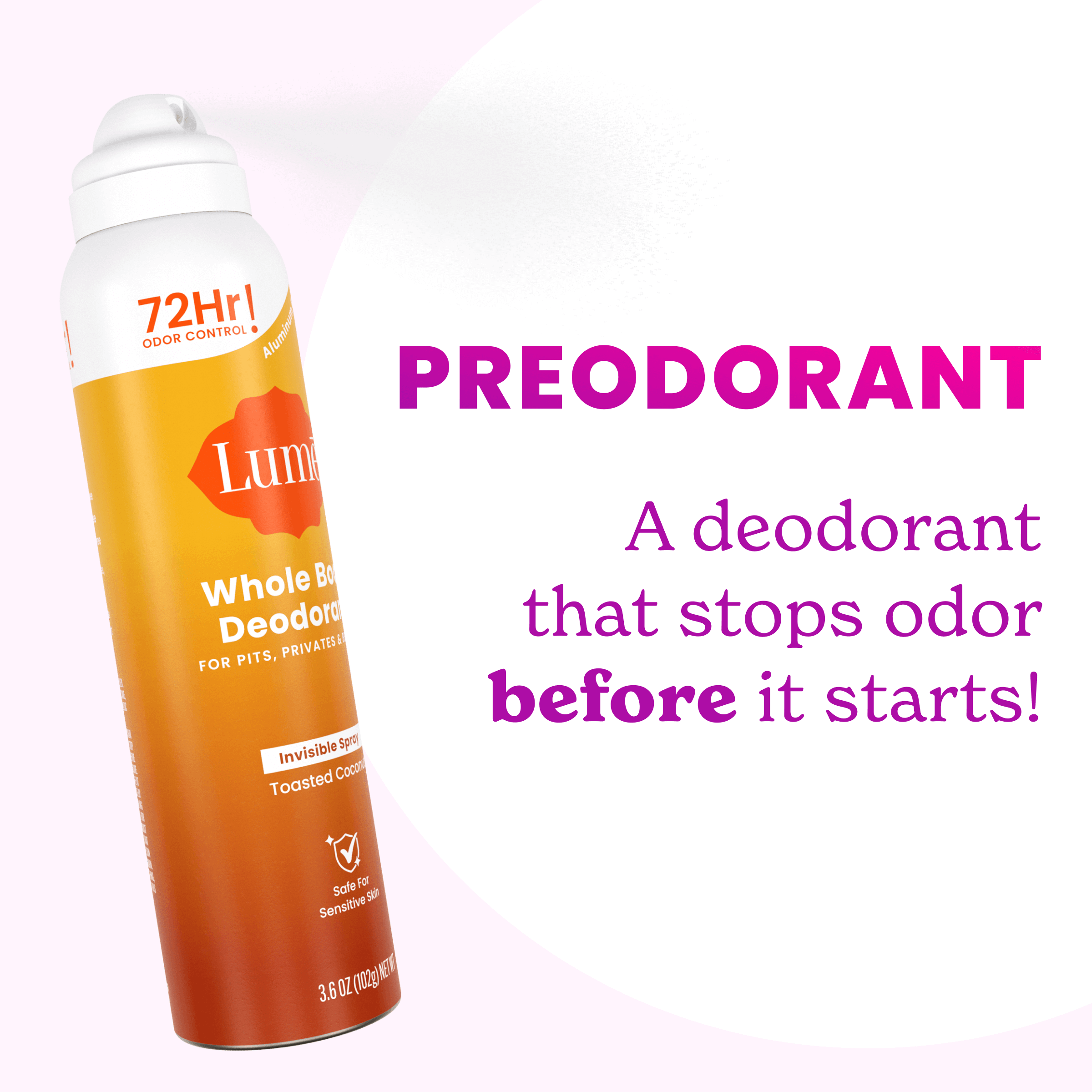 The text Preodorant, a deodorant that stops odor before it starts! Next to a can of Toasted Coconut Aluminum Free Spray Deodorant