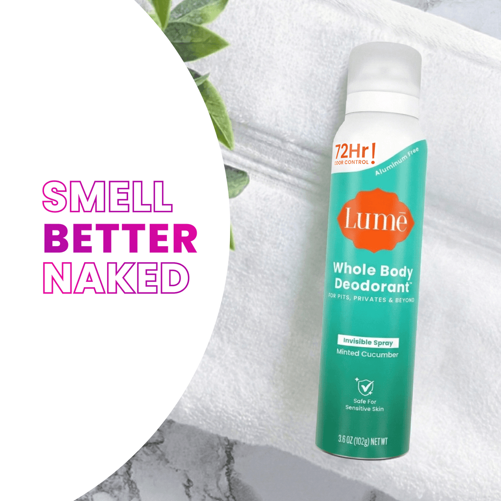 The text Smell Better Naked next to a can of Minted Cucumber Aluminum Free Spray Deodorant