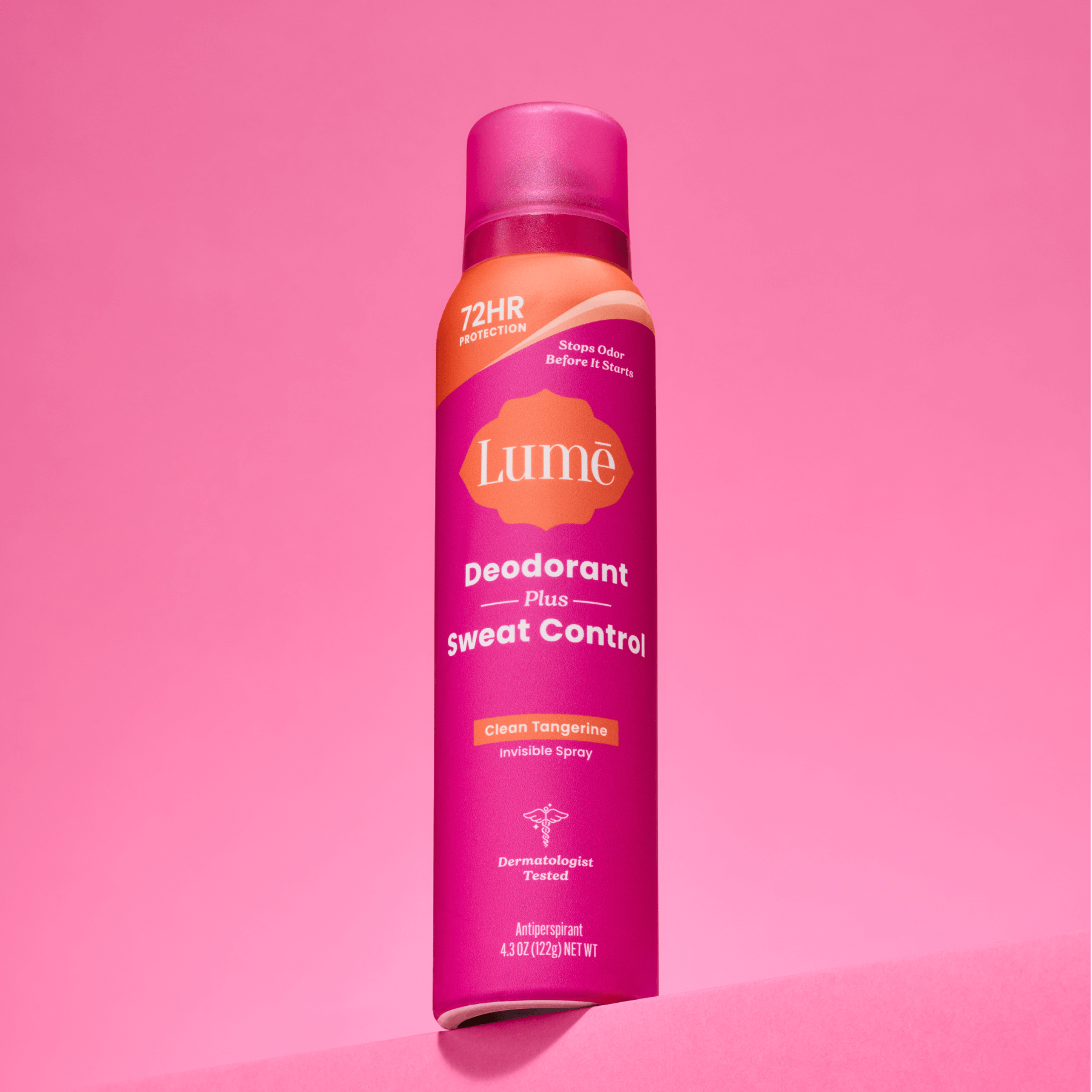 Can of Lume deodorant plus sweat control against a pink background.