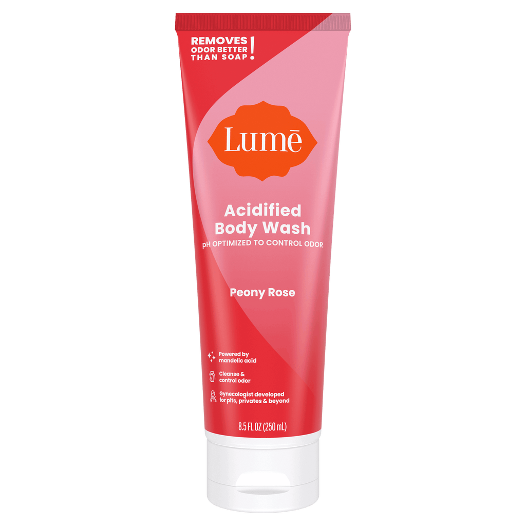 Pink Lume peony rose scented acidified body wash against a white background