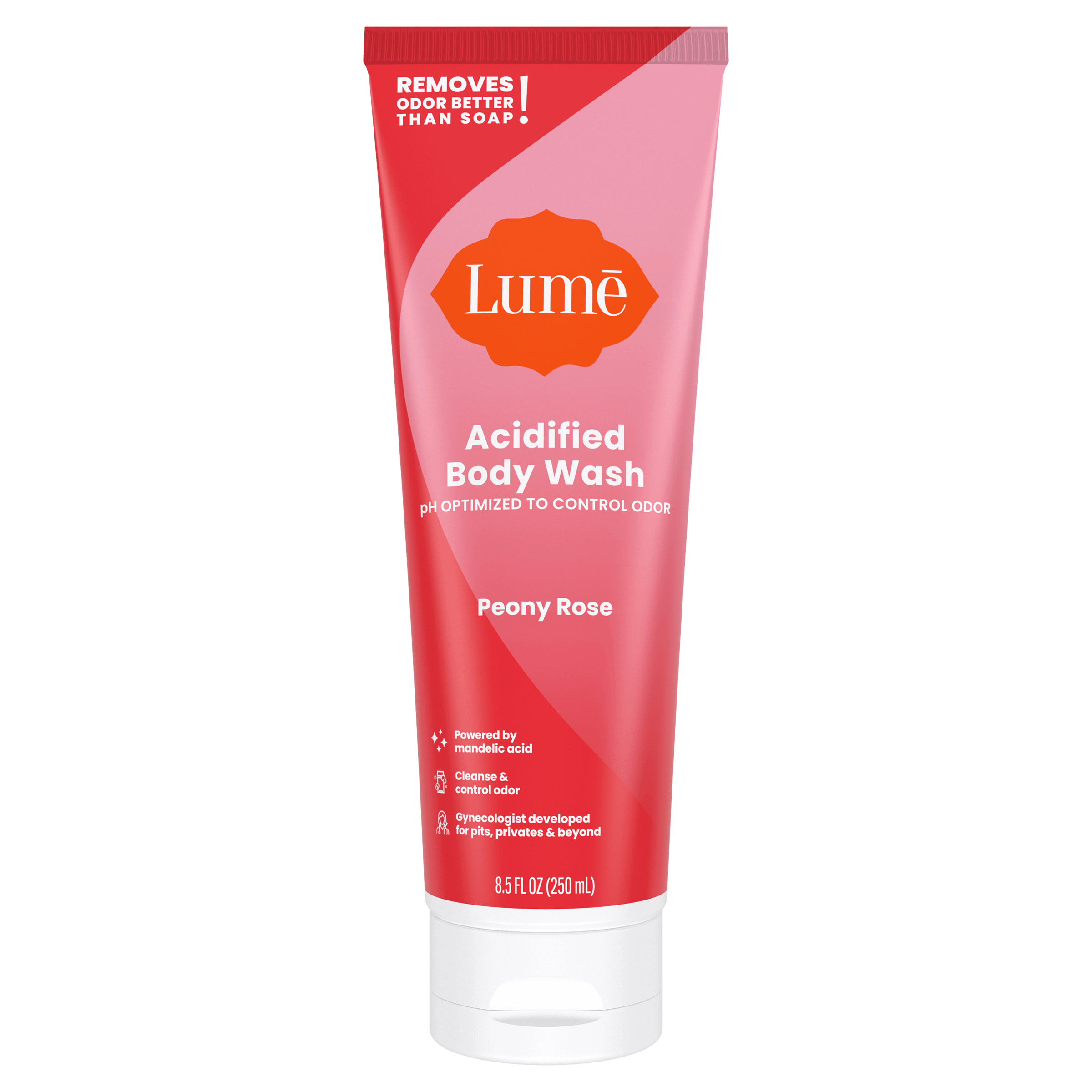 Pink Lume peony rose scented acidified body wash against a white background