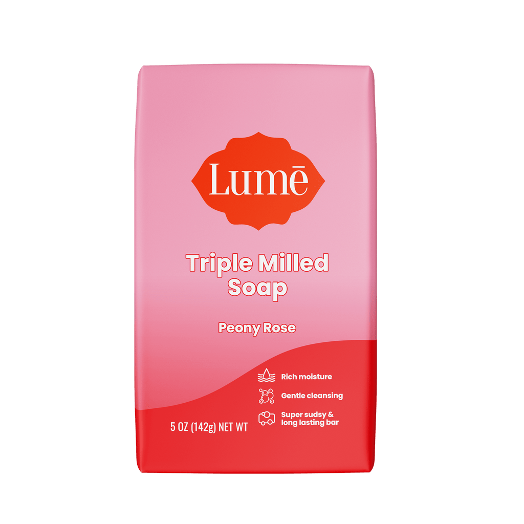 Pink and red Lume peony rose scented soap bar against a white background