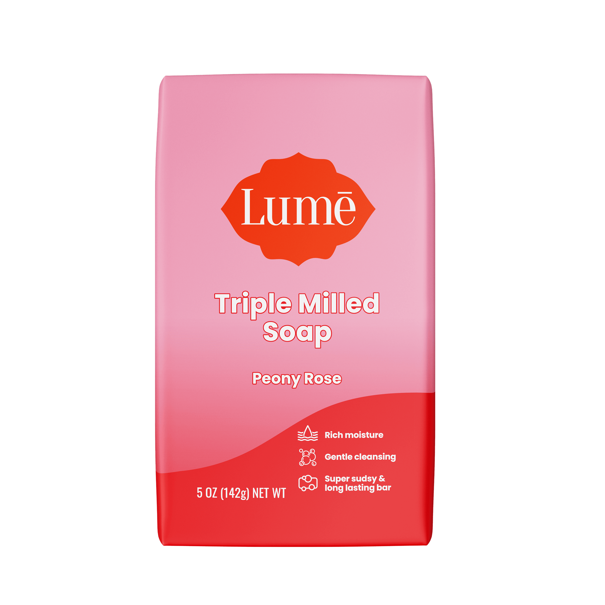Pink and red Lume peony rose scented soap bar against a white background