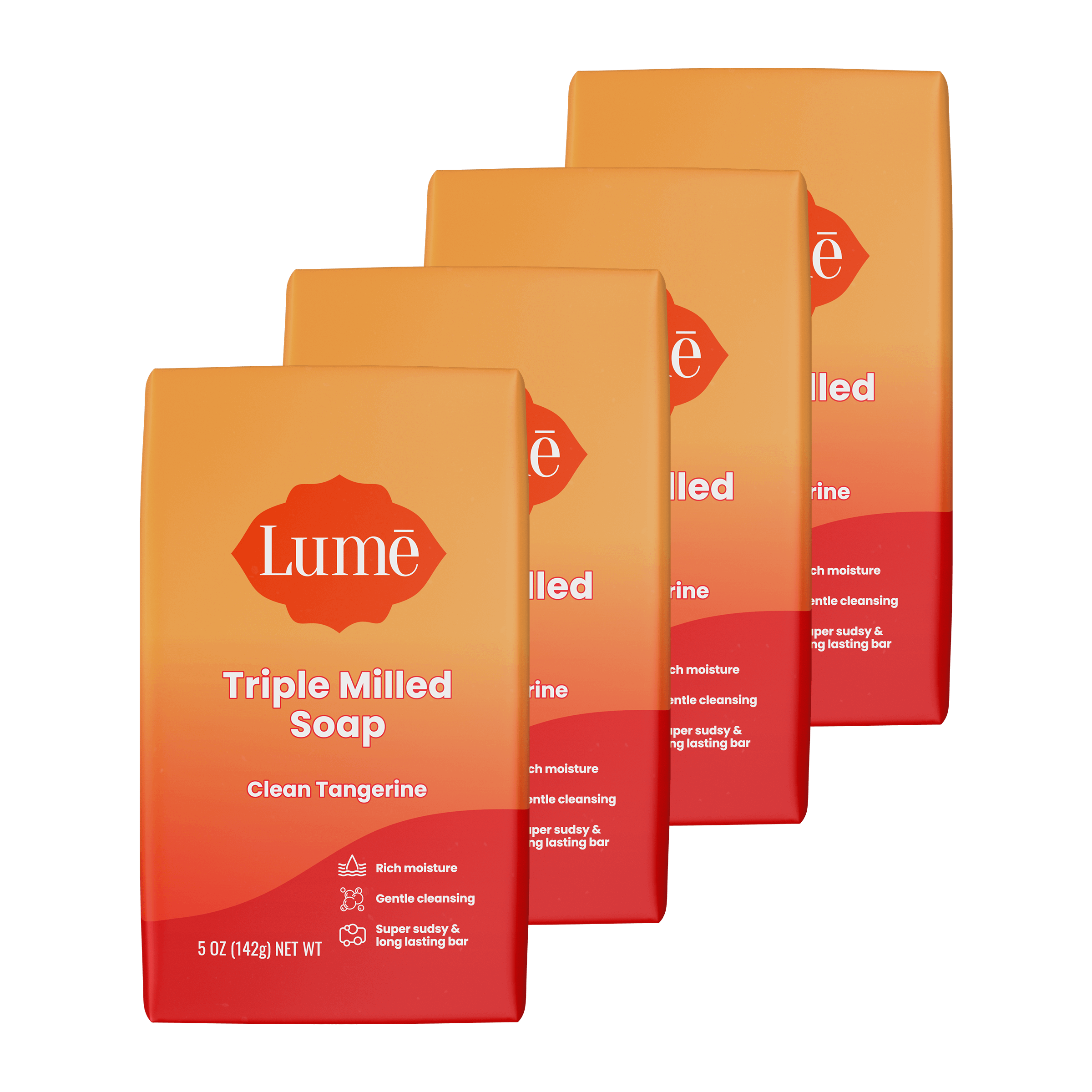Four overlapping bars of soap in the scent Clean Tangerine