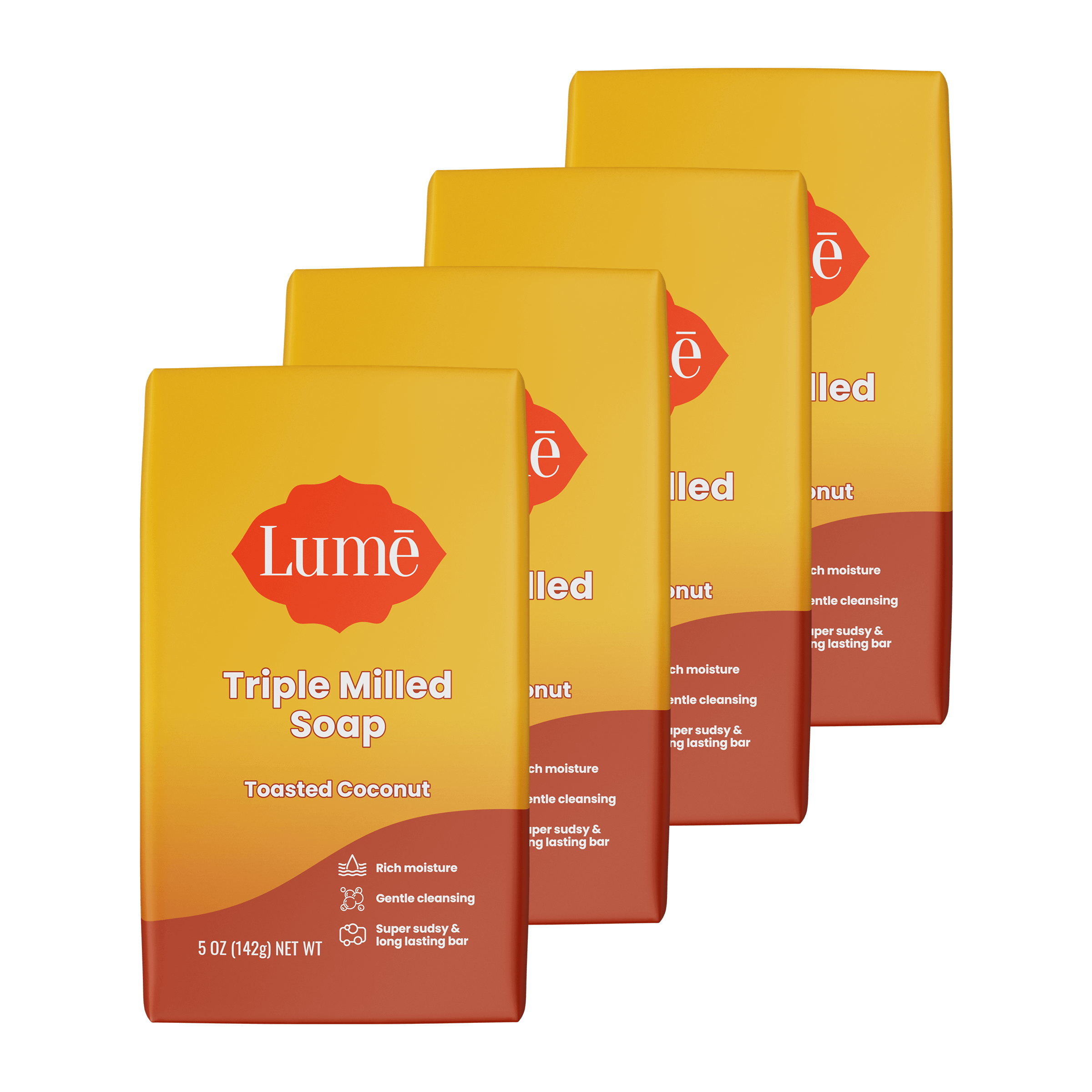 Four overlapping bars of soap in the scent Toasted Coconut