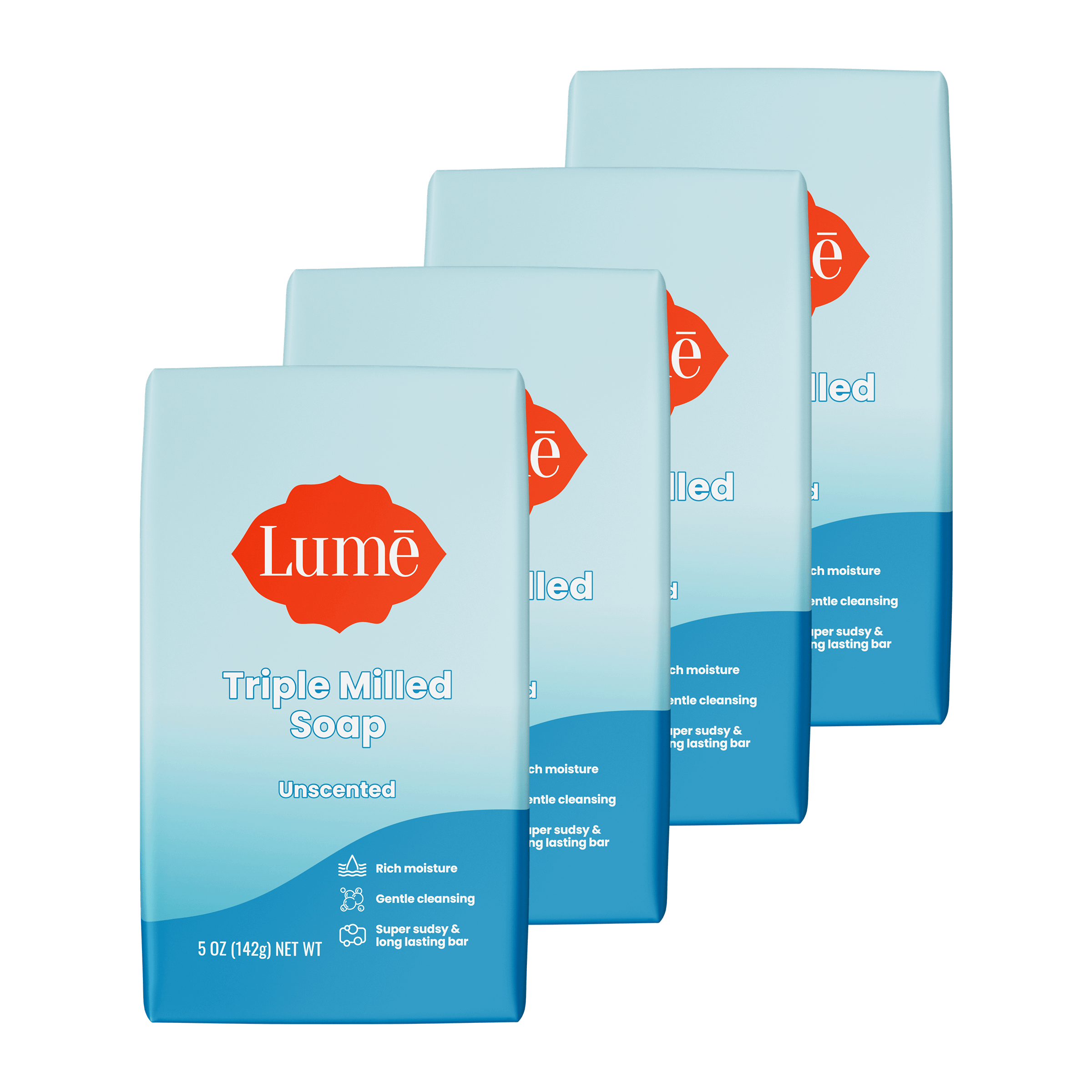 Four overlapping bars of unscented soap