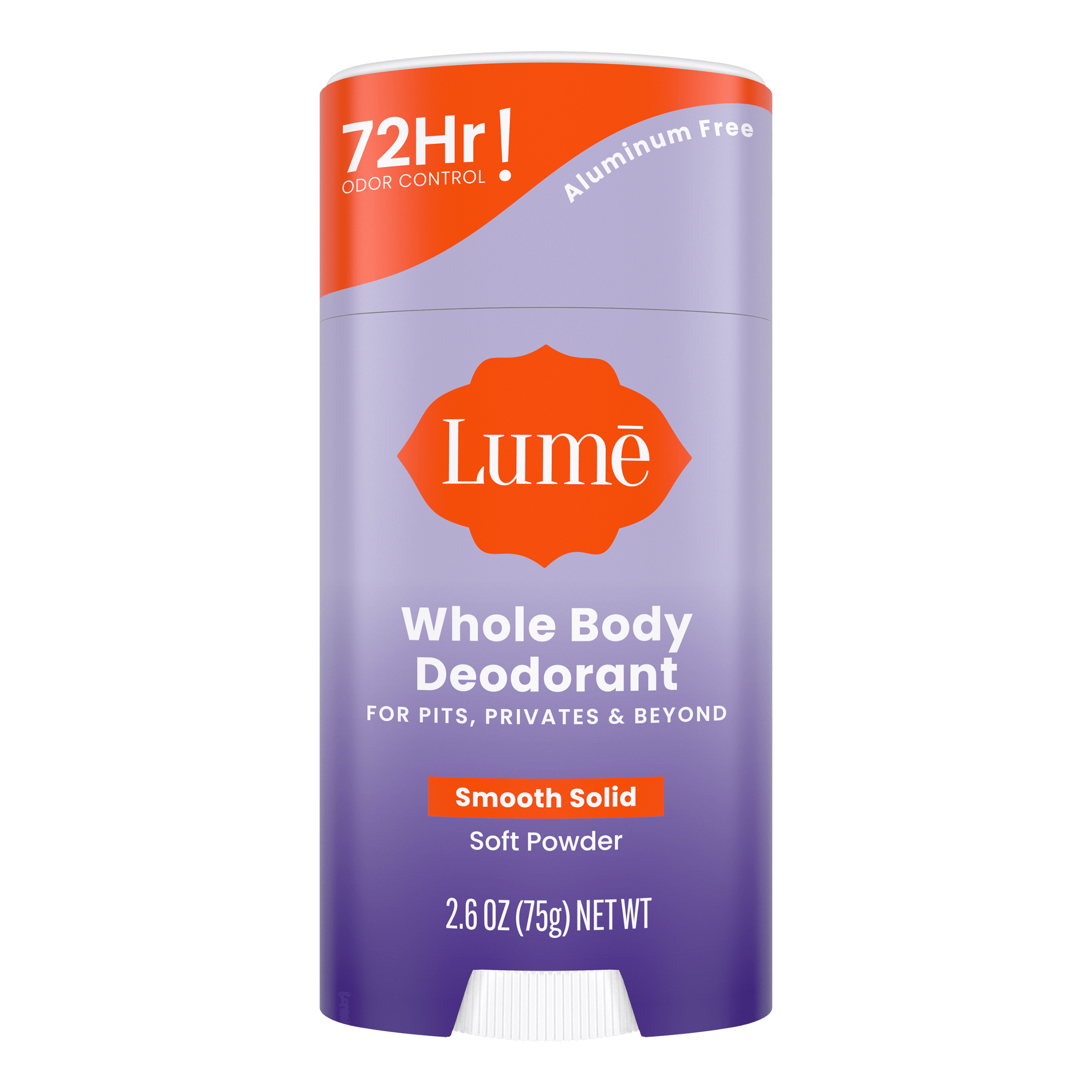 Purple and orange Lume soft powder scented solid deodorant stick