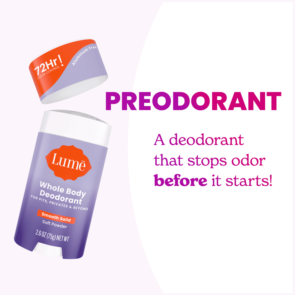 Open Lume soft powder scented solid deodorant and the text: Pre odorant, a deodorant that stops odors before they start