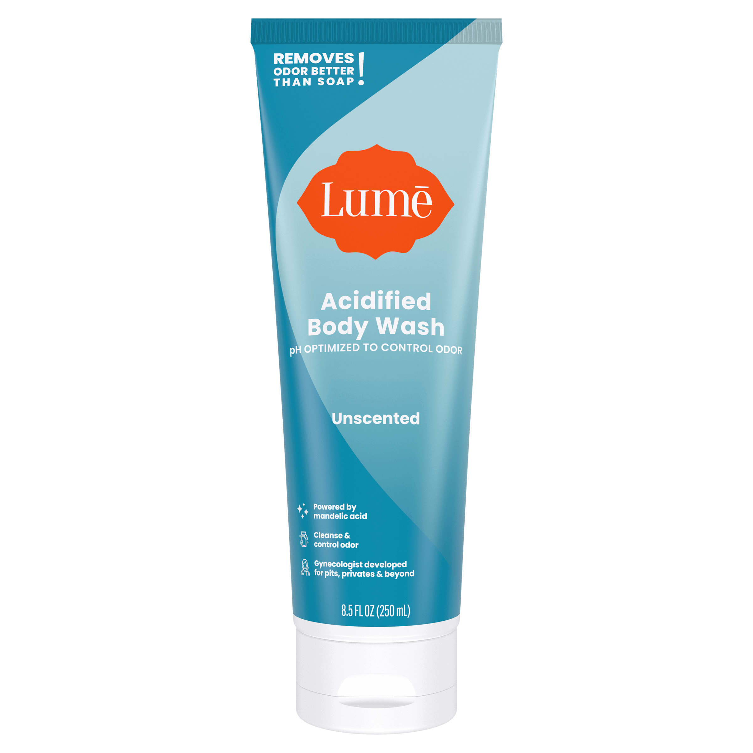 Light blue Lume unscented acidified body wash against a white background