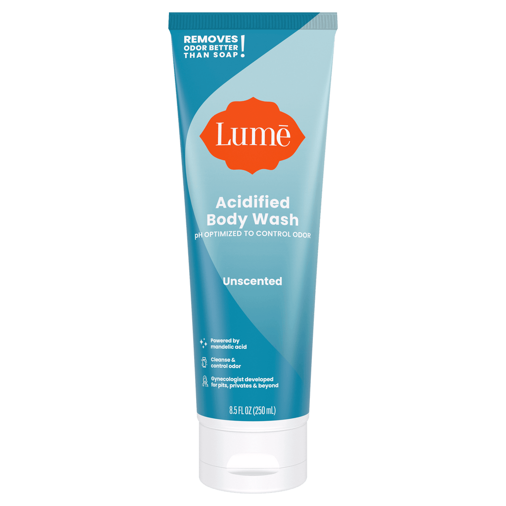 Light blue Lume unscented acidified body wash against a white background