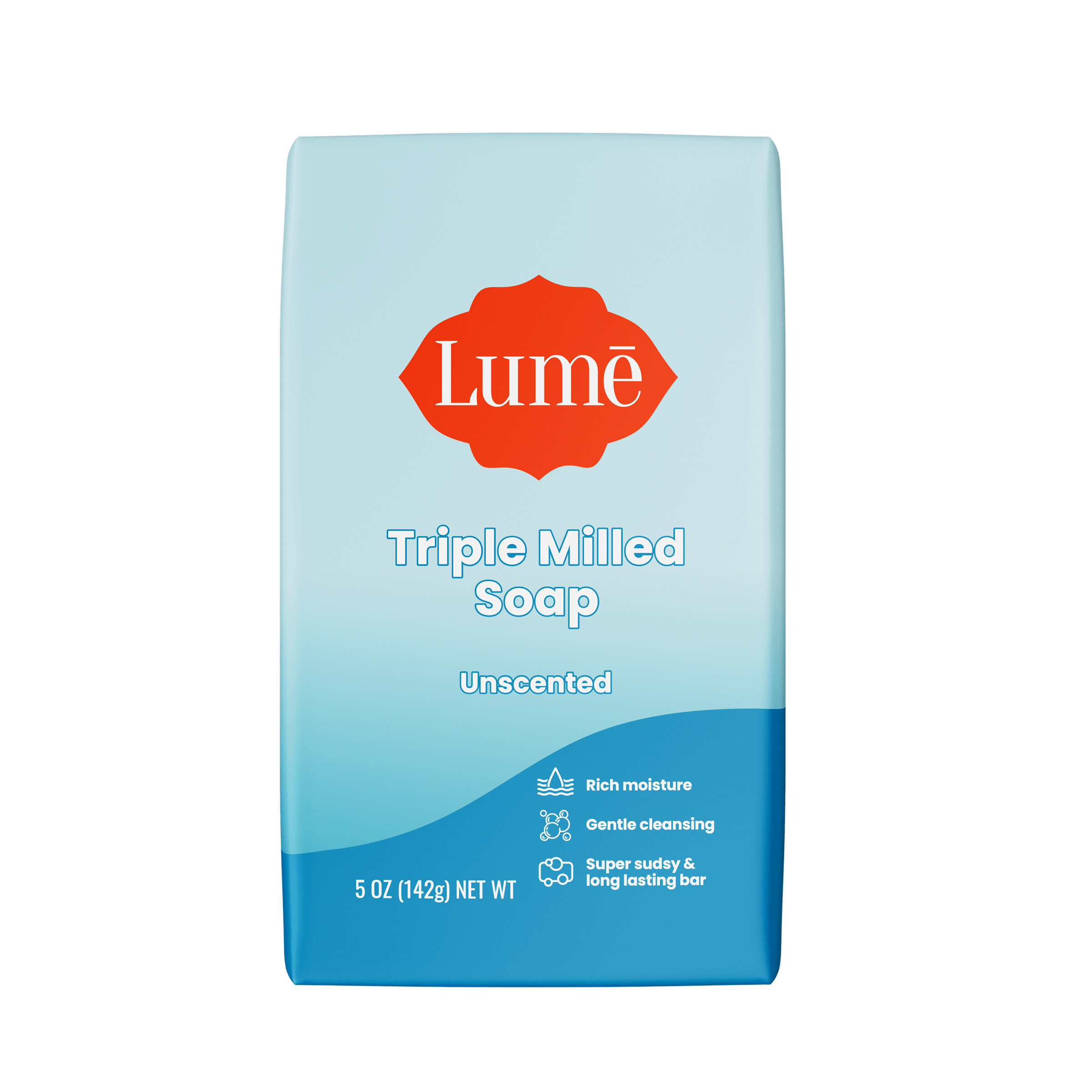 Light blue and blue Lume unscented soap bar against a white background